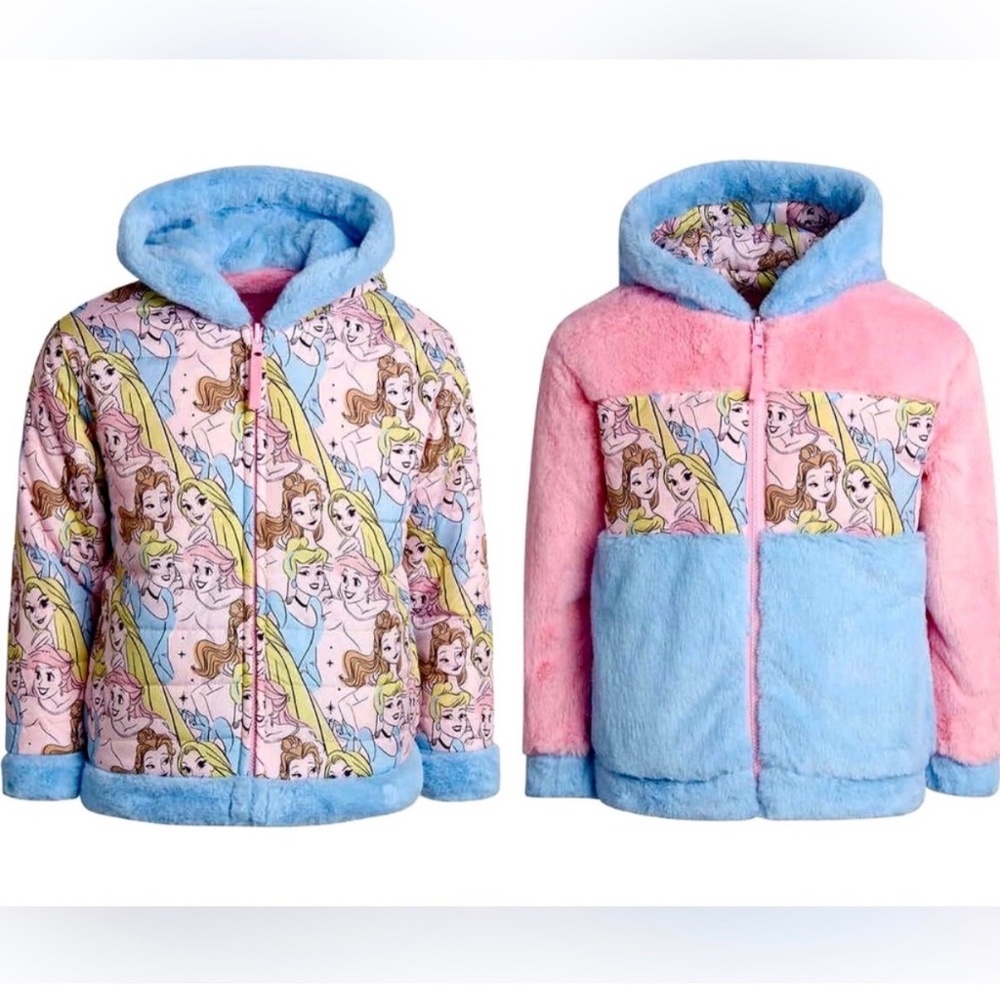 Kids Disney Princess Faux Fur Reversible Coat Size 3T Pink Blue Hooded Pockets